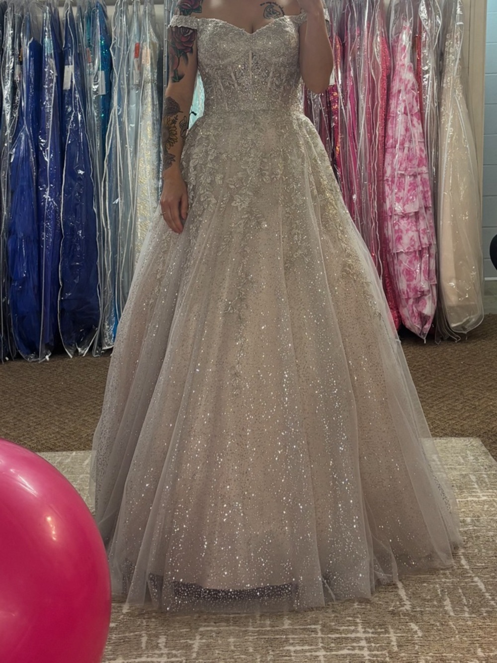 Glitz Strapless Sparkle Ball Gown in Silver Champagne